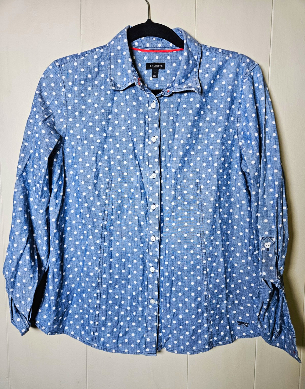 Talbots Size 12 Blue White Polka Dot Chambray Cotton Collared Long Sleeve Shirt